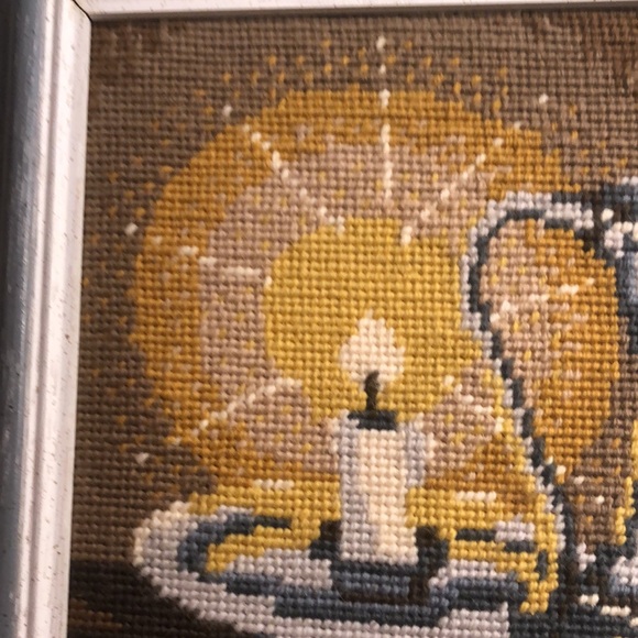 Tapestry Needlepoint still life/bread/cheese/lighted candle/peuter pitcher&plate - Picture 3 of 12